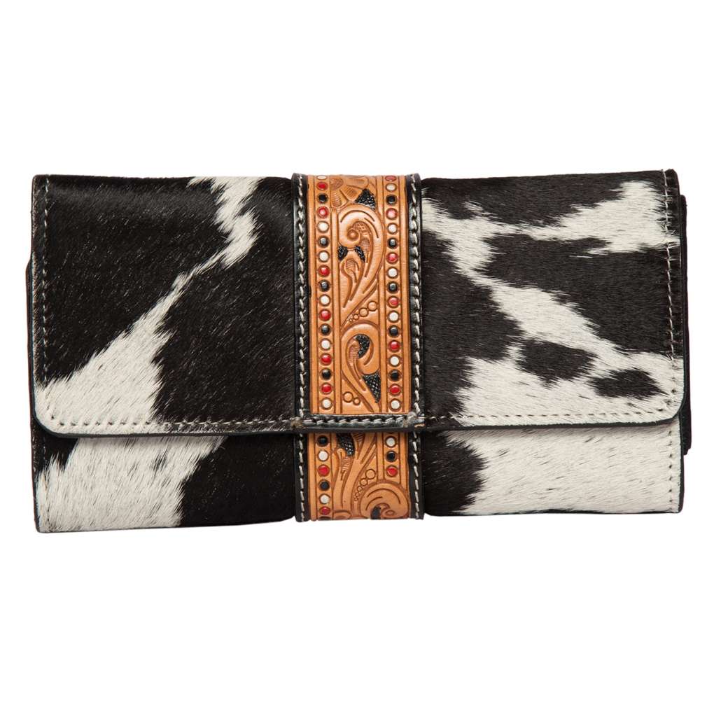 Design Edge Tooled Leather Tri-fold Ladies Wallet - Hand Painted Blk/Wht