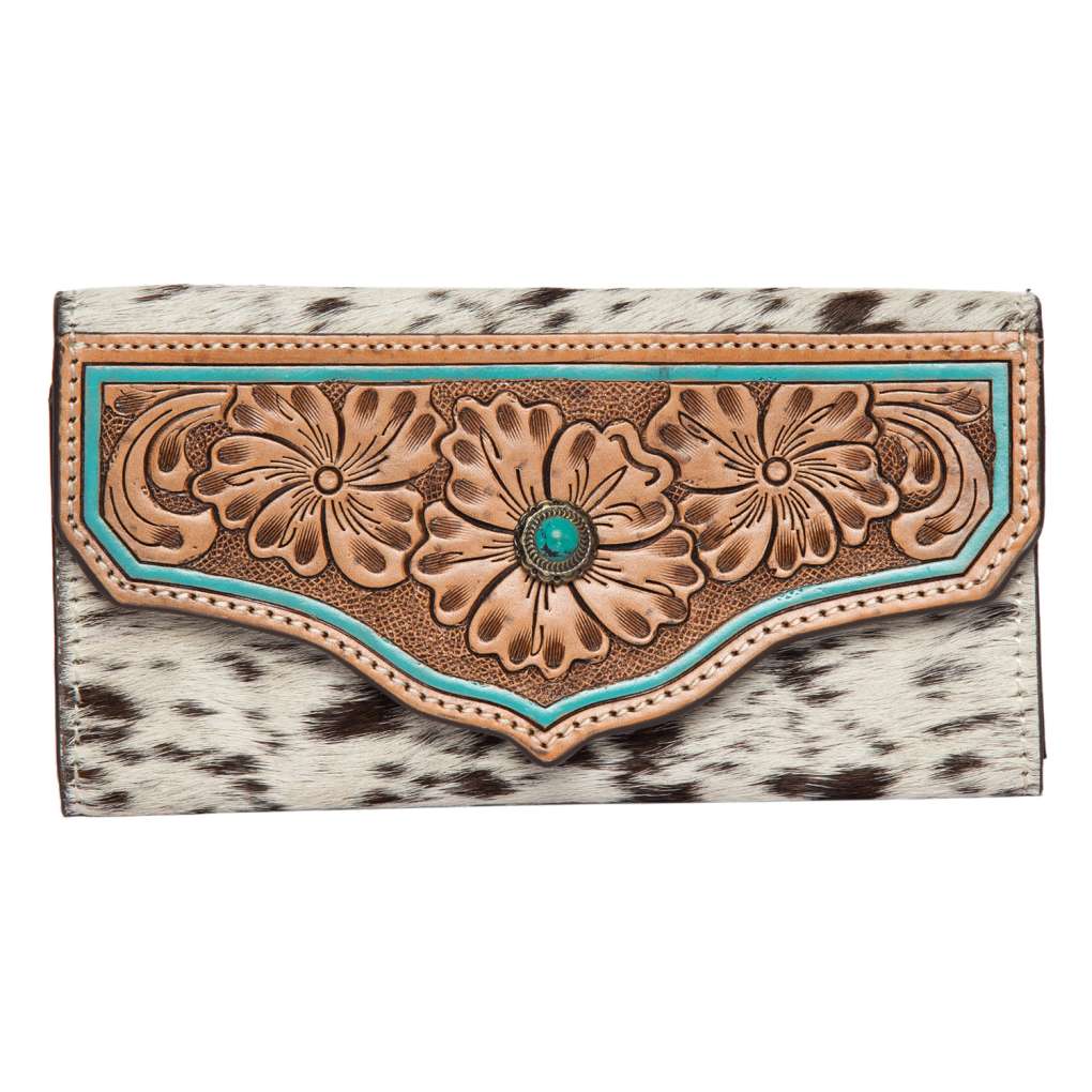 Design Edge Cowhide Tooled Ladies Wallet w. Turqoise Hi-lights