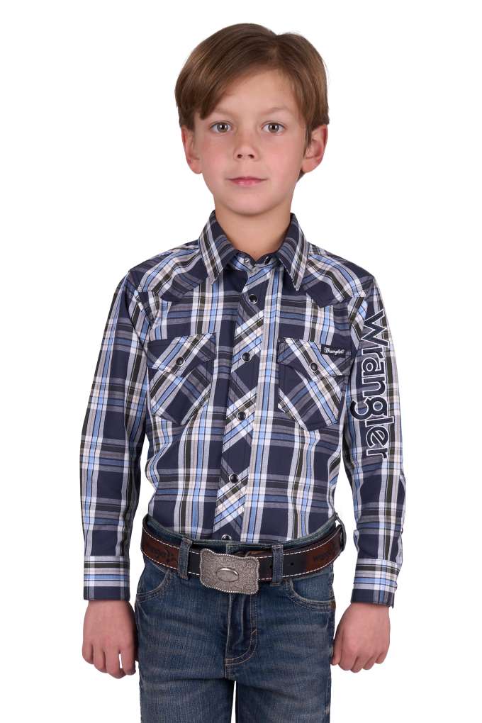 Wrangler Boys Finn Logo Plaid Shirt Charcoal/blue