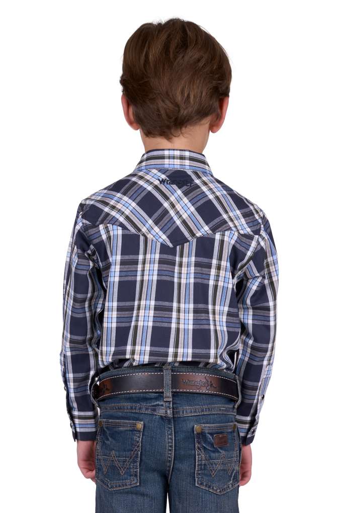 Wrangler Boys Finn Logo Plaid Shirt Charcoal/blue