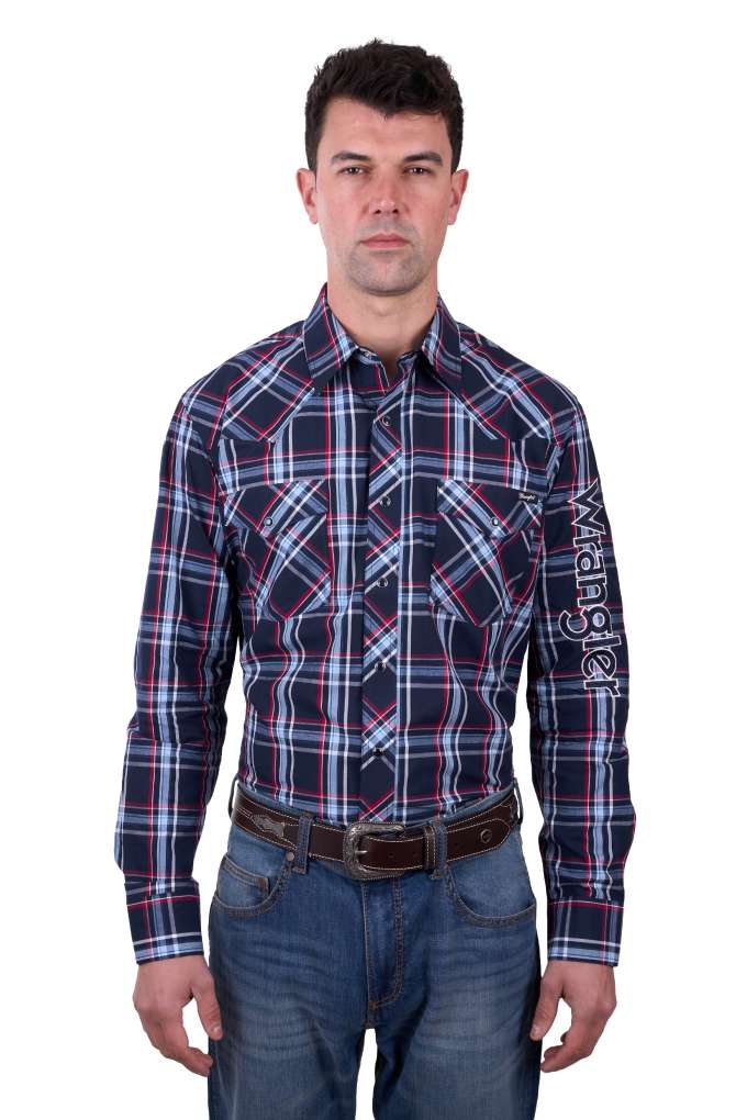 Wrangler Mens Hugo Logo Plaid Shirt Navy/Red