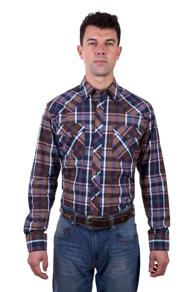 Wrangler Mens Milo Plaid Shirt Tan/Navy