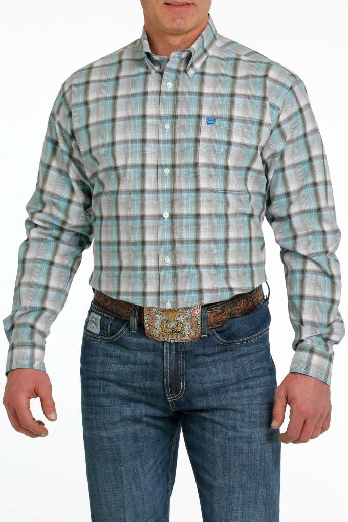 Cinch Mens White/Green/Brown Plaid Shirt