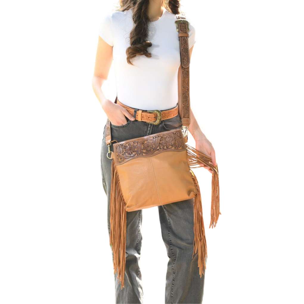 Design Edge Jordan Tooled Sling Bag Fringed Tan