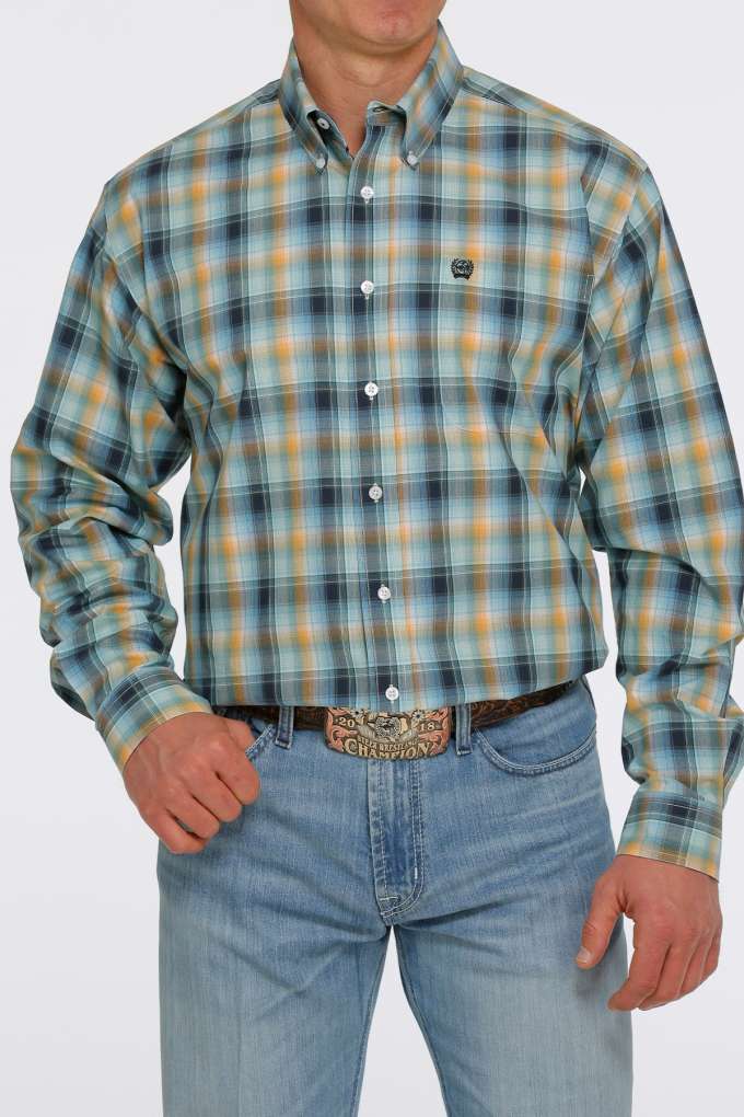 Cinch Mens Blue Orange Green Plaid Shirt