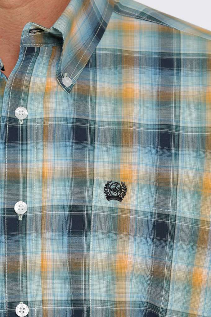 Cinch Mens Blue Orange Green Plaid Shirt