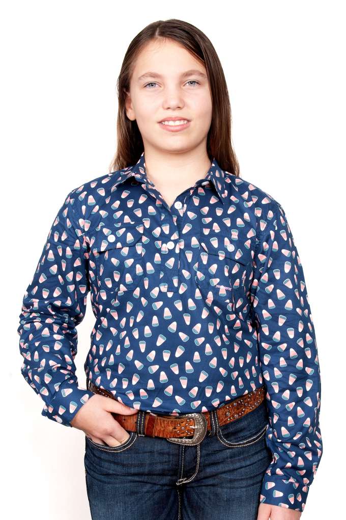 JCA Girls Harper Navy Candy Half Button Shirt